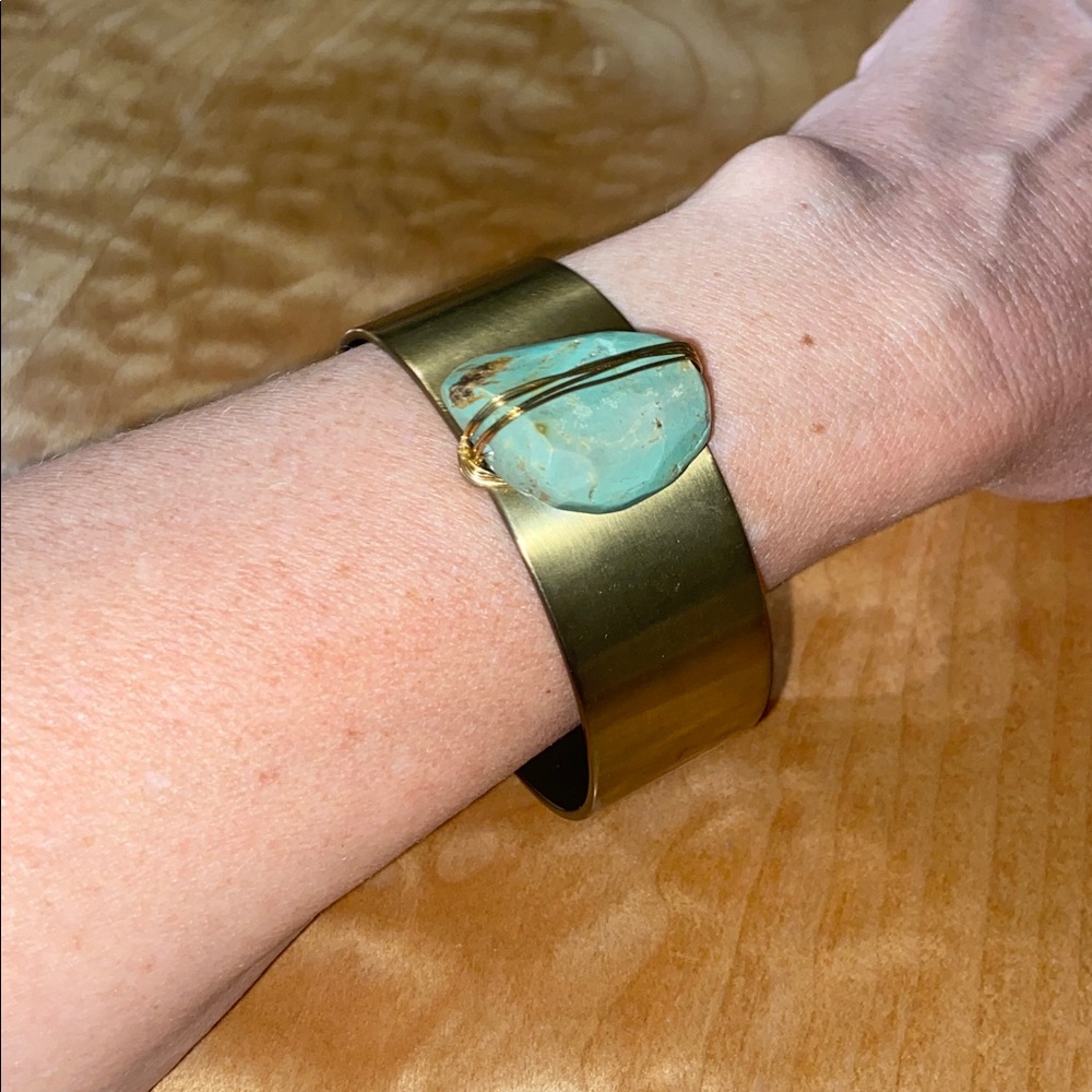 Sculptural Genuine Turquoise Wire Wrapped Brass Statement Bangle Cuff Bracelet